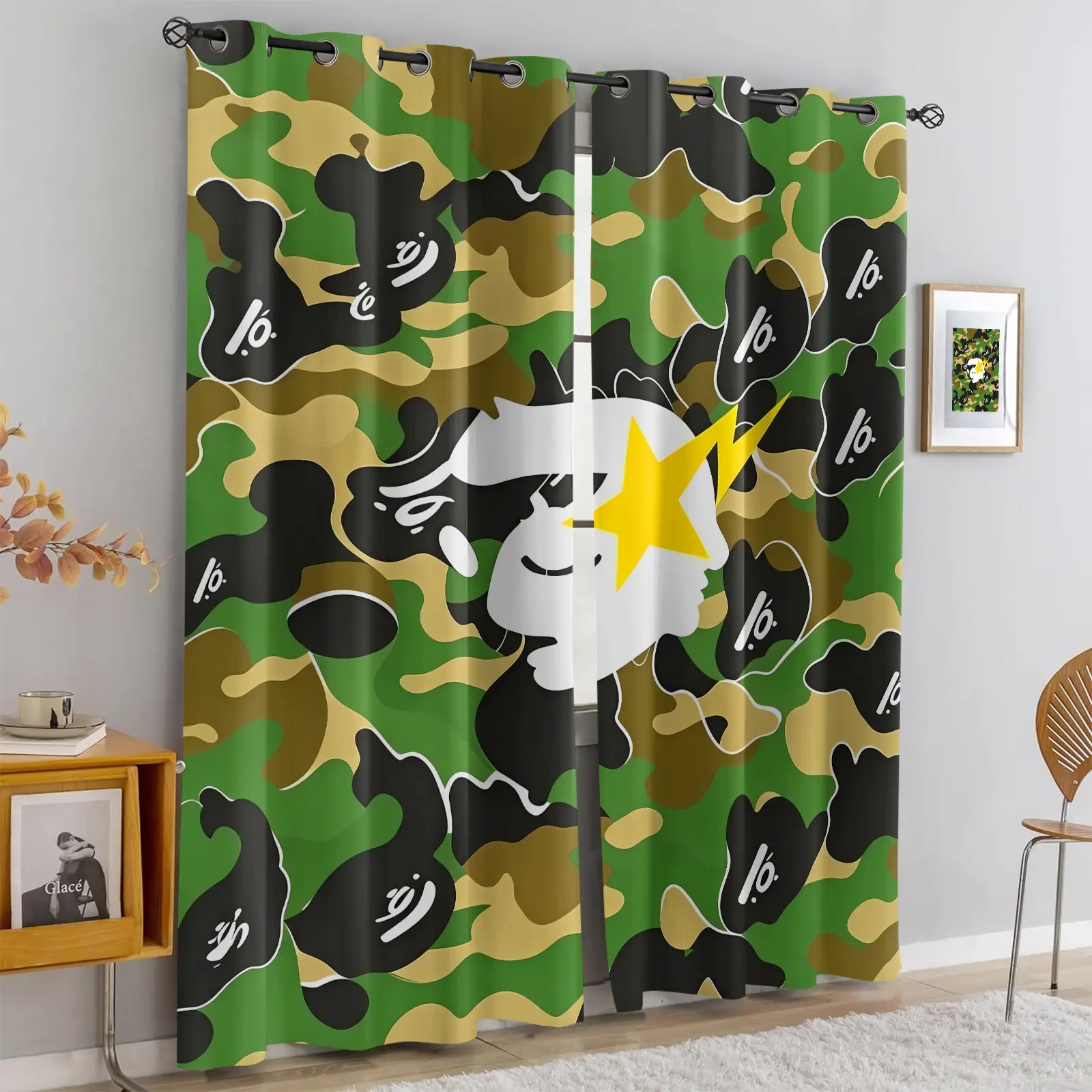 Hypebeast Aesthetic Blackout Curtains, 2 Panels Classic Green Camo Ape Star Lightning Print Grommet Window Drapes, Cool Streetwear Decor, Light Blocking Washable Curtains for Gaming Room Teen Bedroom Dorm
