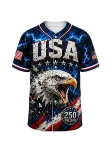 2026 US Men's 250 Year Navy Short Sleeve Button Baseball Jacket with Bald Eagle Pattern, US 250 Year Background Print, Lightning Flag Design, Shield Badge, 250th Anniversary Shirt, July 4th Game Day and Party Shirt, Versatile for Daily Use