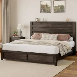 Farmhouse Wood Platform Bed Frame With 49" Fluted Headboard, Rustic Natural Grain Finish, Sturdy & Noise-Free, No Box Spring Required