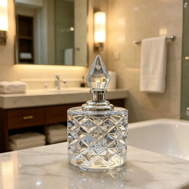 Luxury Cut Glass Diffuser Bottle, Diamond Shape Stopper, Thick Transparent Glass, Home Fragrance, Essential Oil Dispenser