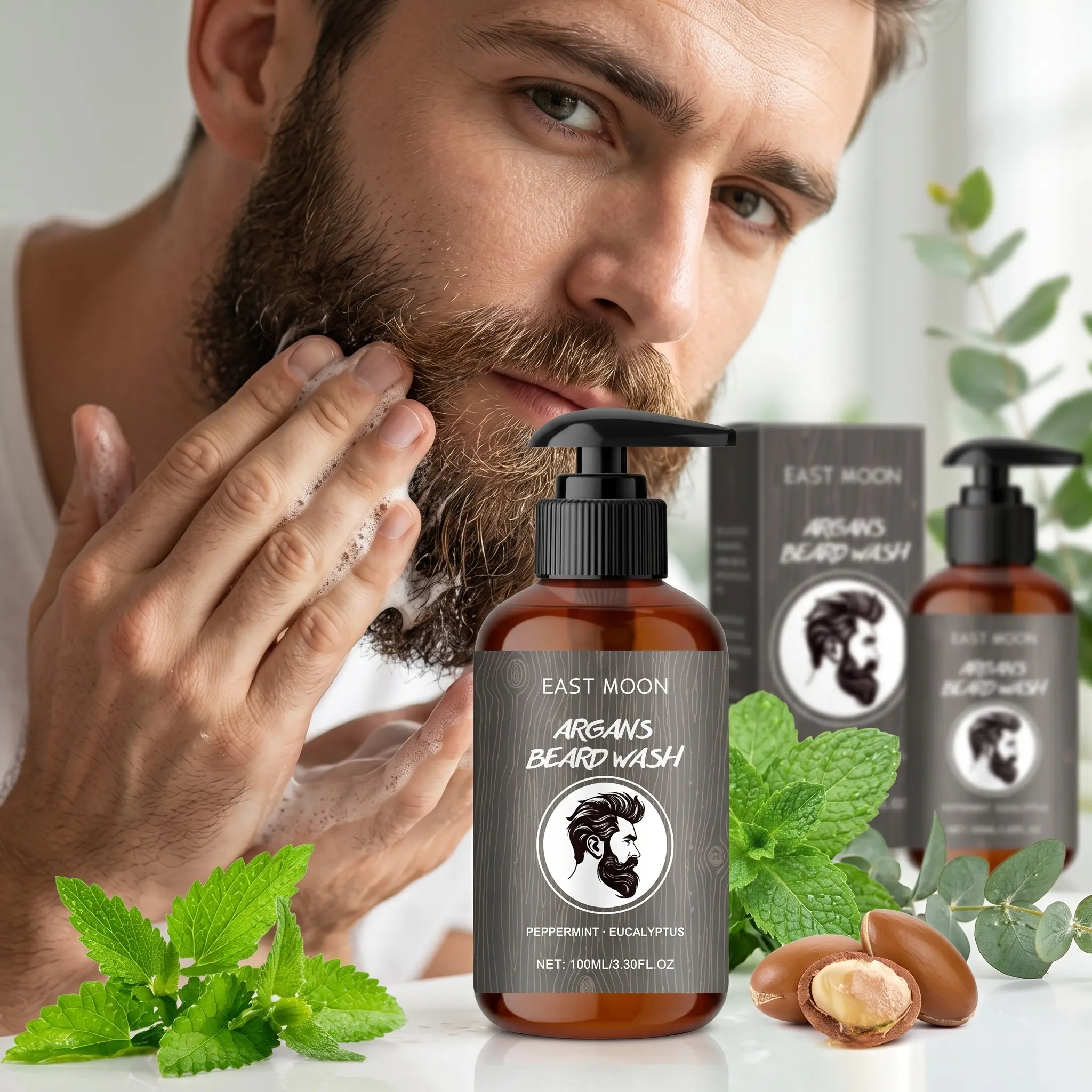 Moroccan Argan Beard Shampoo Set (100ML*2), Men's Beard Cleaning, Moisturizing, Softening, Mild Gentle Facial Cleansing, Hydrating Formula