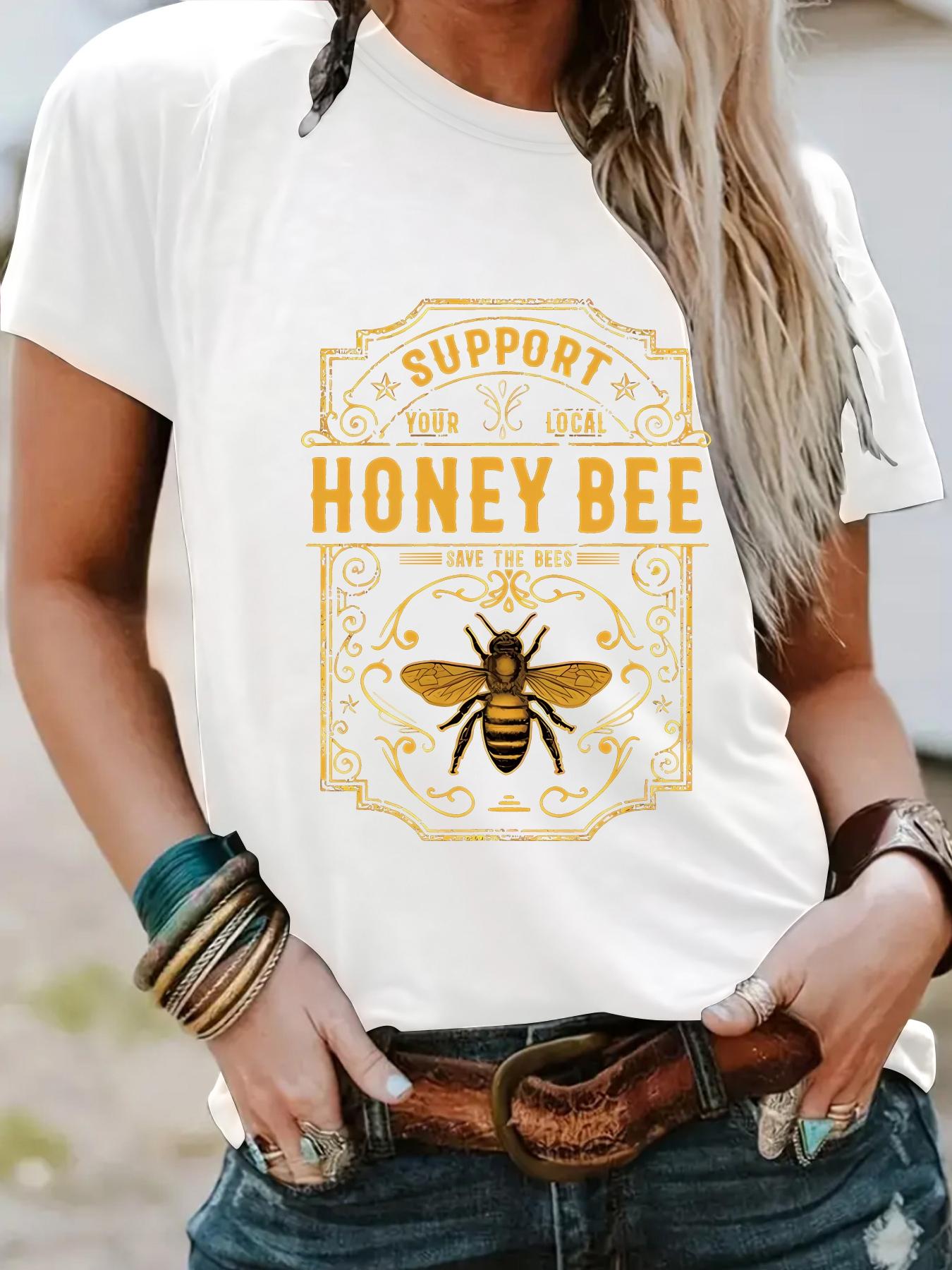 Women's Honey Bee Print Round Neck Graphic Tee, Vintage Trendy Casual Fitted Short Sleeve T-shirt for Daily Wear, Ladies Summer Outfit