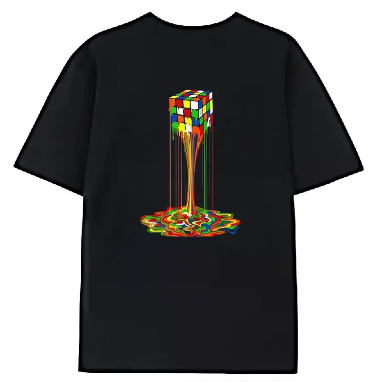 Men's Classic Cotton Short-Sleeve Tee Top, Menswear Round Neck Shirt with Brightly Colored Dripping Cube Pattern Print, Unique Artistic Style Summer Design