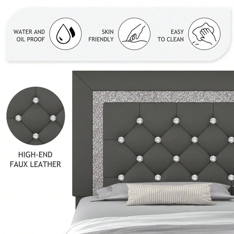 Romantic Luxury Upholstered Bed Frame with Diamond Headboard & Footboard Twin Full Queen Sizes Pearl White Beige Black Grey Pink Purple Green Modern Trendy Sturdy Anti-noise