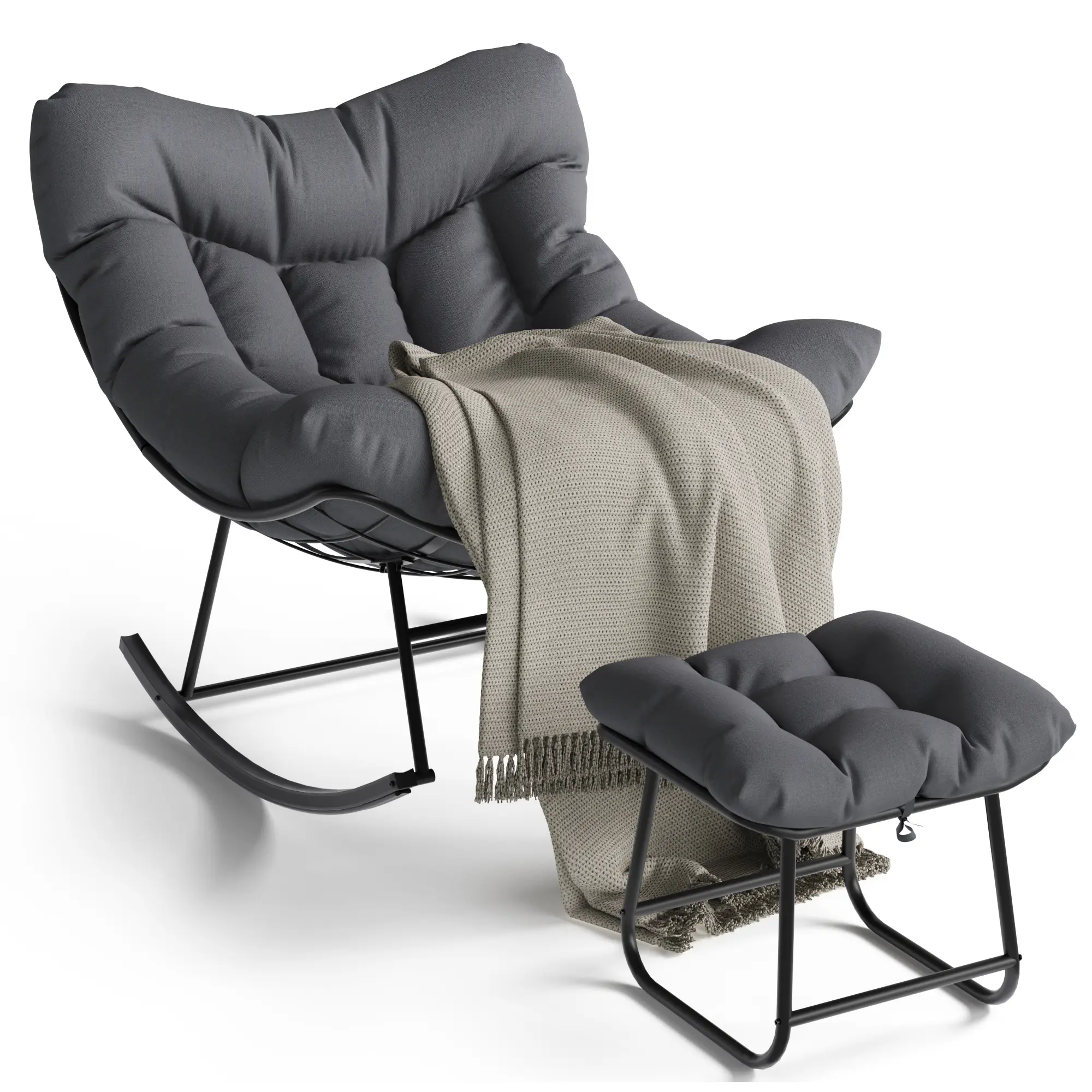 Oversized Outdoor Papasan Egg Rocking Chair Set with Ottoman - Cozy Circular Coastal Chair with Cushions, 350lbs Capacity, Heavy Duty Steel Frame, 5" Thick All-Weather Cushion, Black & White Wicker, Modern Patio Furniture, Cozy Chair, Chairs With Cushions
