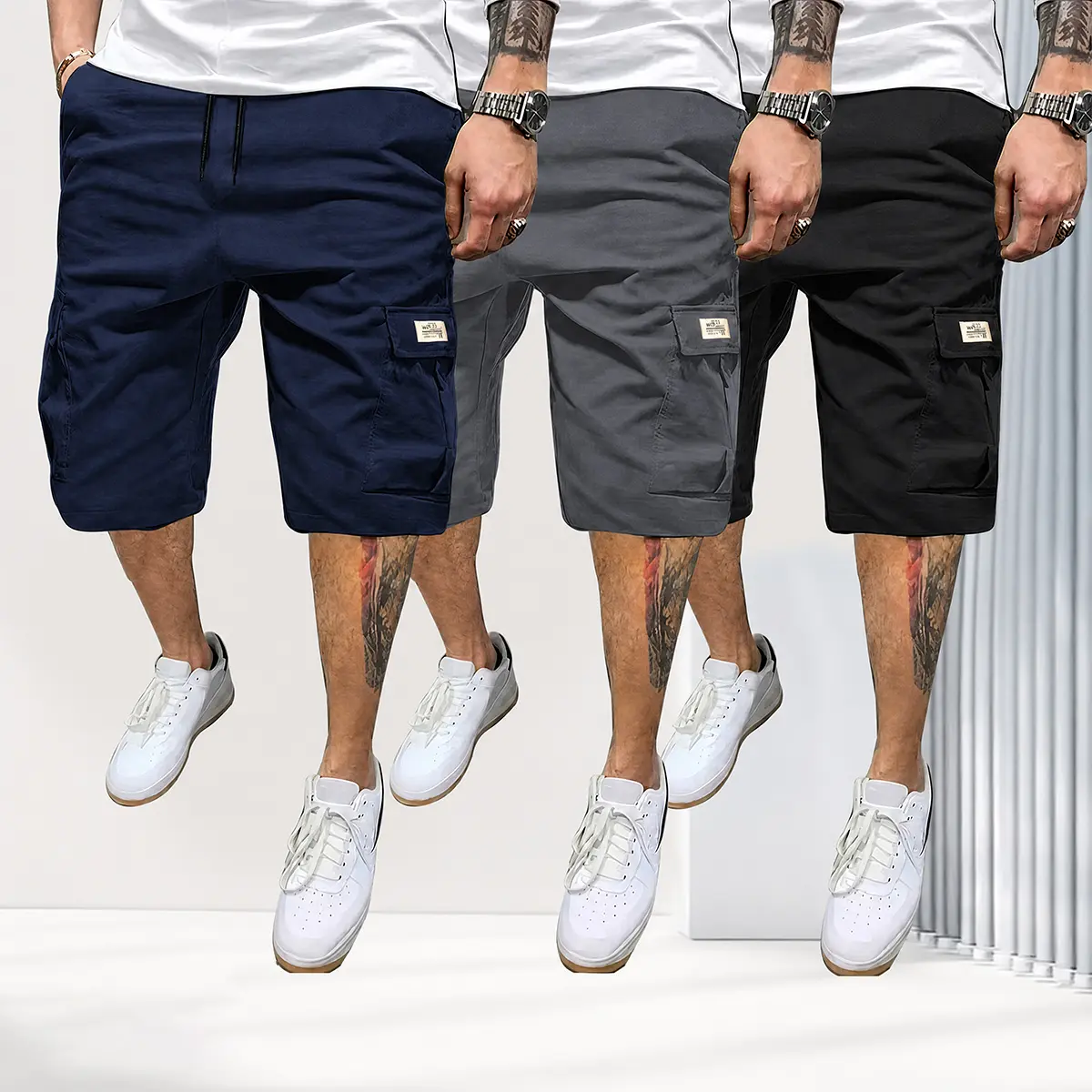 Men's Fitted Matching Shorts Set - 100% Polyster Casual Summer Drawstring Color-Mixed Shorts, Lightweight, Slanted Multipocket, Versatile Everyday Beach Gym Wear Brown, Black, Green, Pink, Color-Mixed Men's Shorts, Fitted Men's Short,casual athletic short