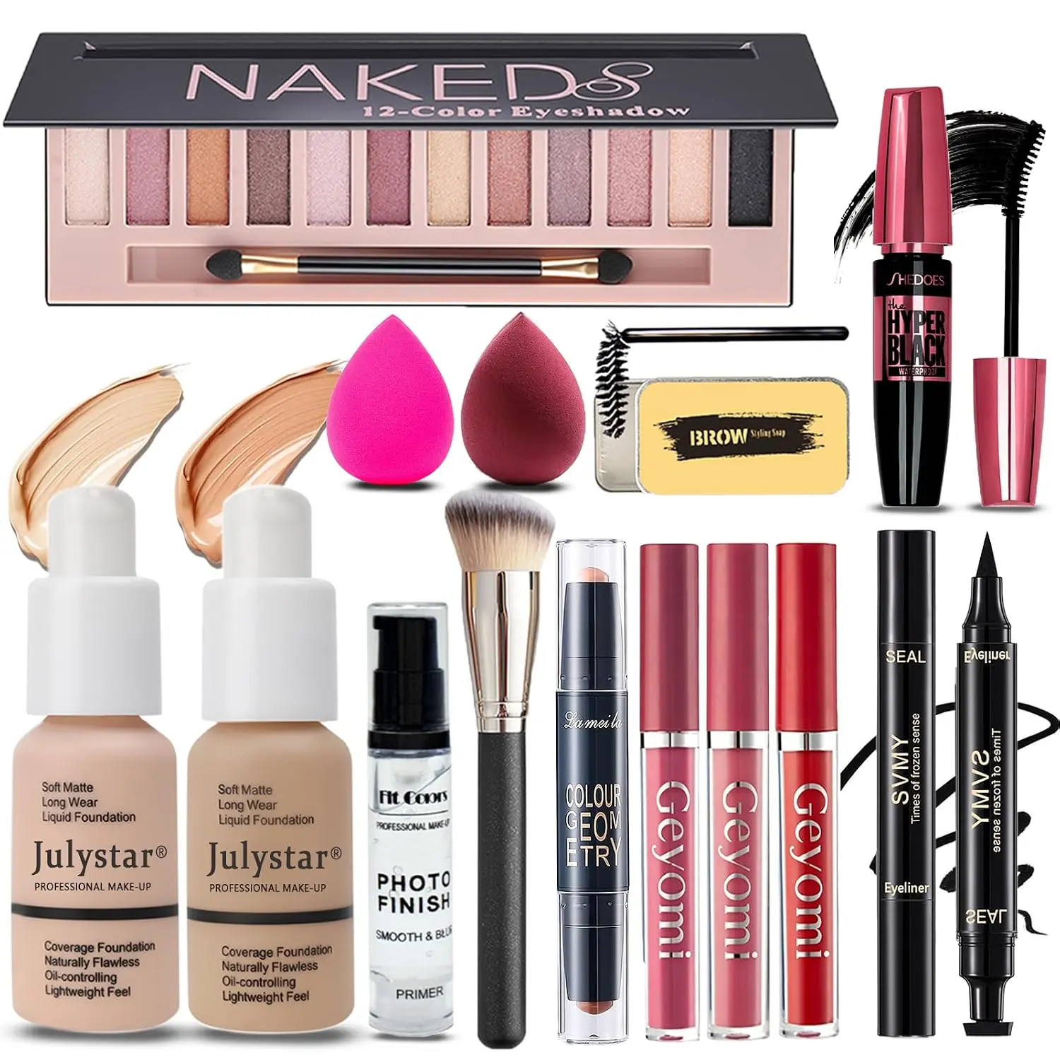 All-in-1 Makeup Kit for Women - 12+ Items, 12-Color Eyeshadow, Long-Wear Foundation, Primer, Lipsticks, Eyeliner, Mascara, Contour Stick, Brow Soap, Brushes, Sponge, All Skin Types, Natural Extracts, Bold Looks Gift Set for Teens