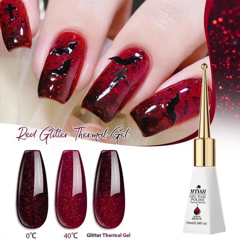 MTSSII 10ml Red Glitter Shimmer Thermal Gel Nail Polish, Burgundy Red Temperature Color Changing UV/LED Long Lasting Durable Gel Nail Art Gift, Perfect Creative Gift for Nail Manicure Lover
