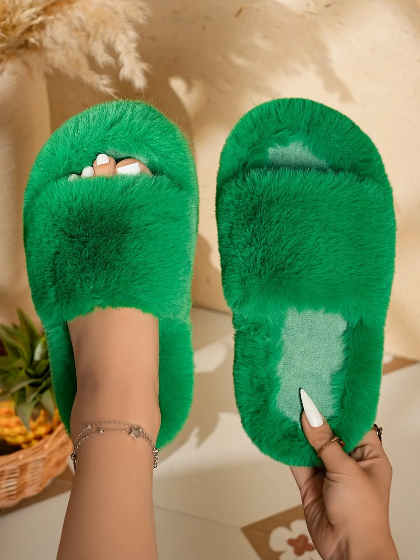 Single strap open toe fuzzy flat slippers soft cozy indoor outdoor simple multi-color women slides