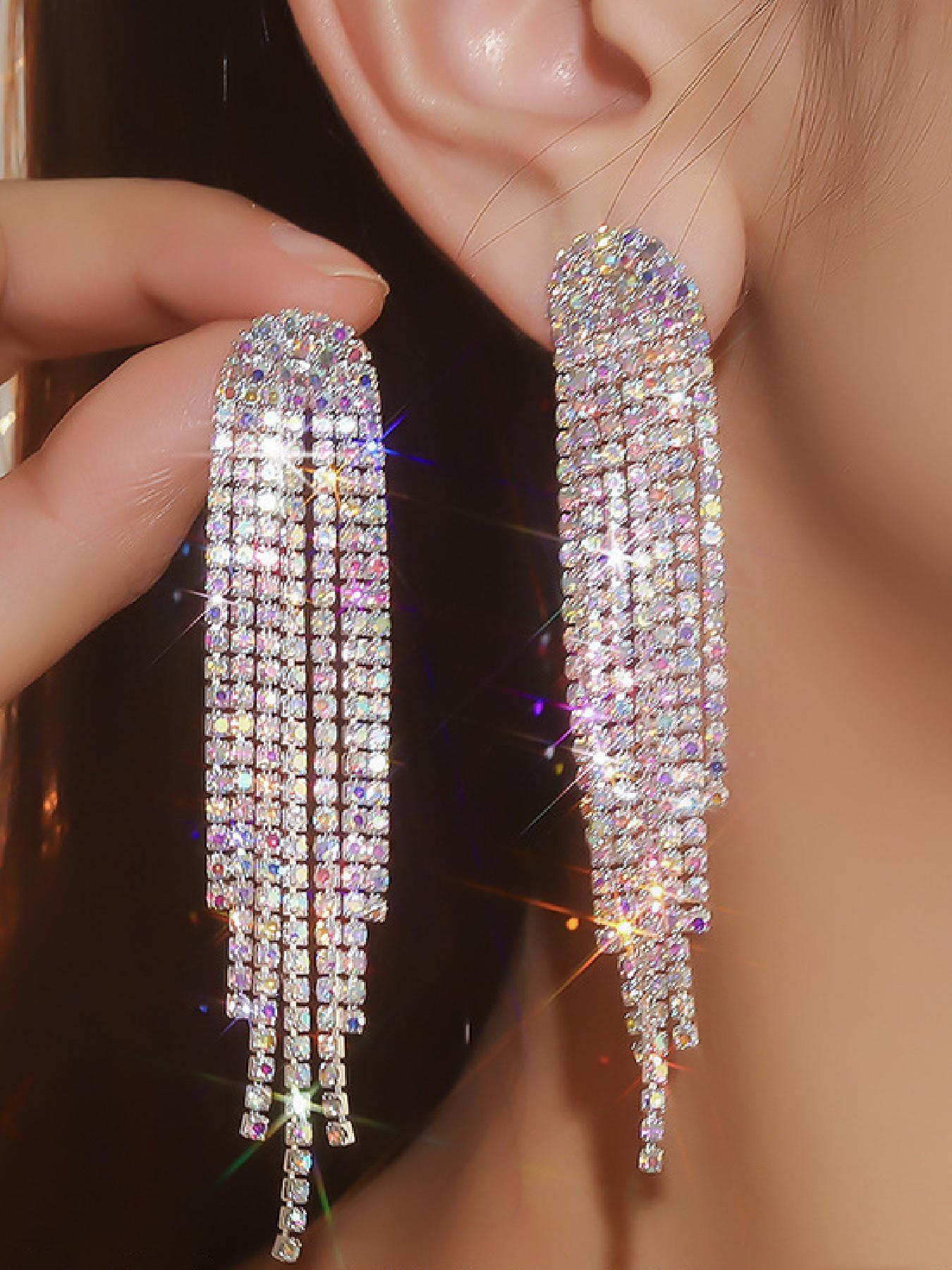 Rhinestone Decorated Earrings, Statement Earrings, Fashionable Long Tassel Earrings for Party, Daily Clothing Decor, Trendy All-match & Exquisite Jewelry for Birthday Gift