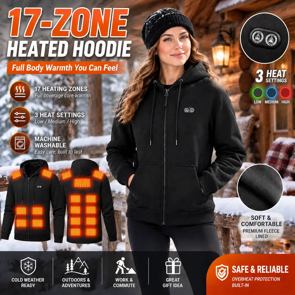 Menswear Casual USB Electric Heated Hooded Jacket - 17 Heating Zones, Smart Dual Control, Soft Fleece Lined, Thermal Zipper Zip Up Outdoor Top for Cold Weather Camping, Commute