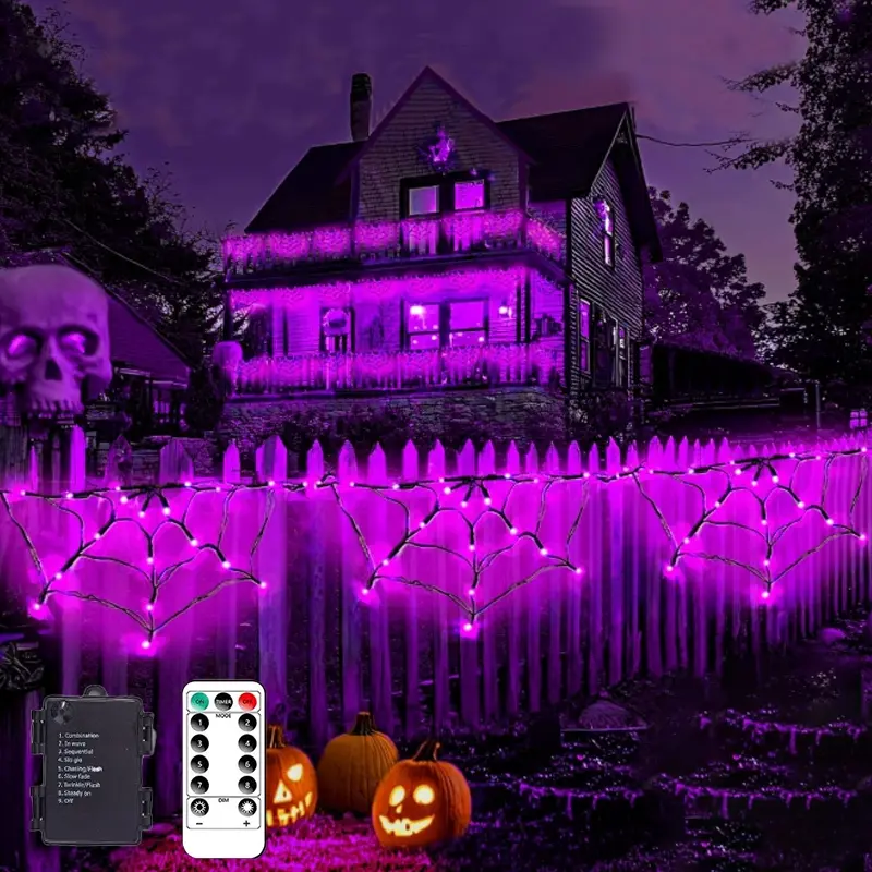 1 PC 2026 new Halloween spider web light, LED illuminated spider web string light, waterproof remote control Halloween decorative light, spider web curtain fairytale light, suitable for bedrooms, windowsills, Halloween party venues (purple light).