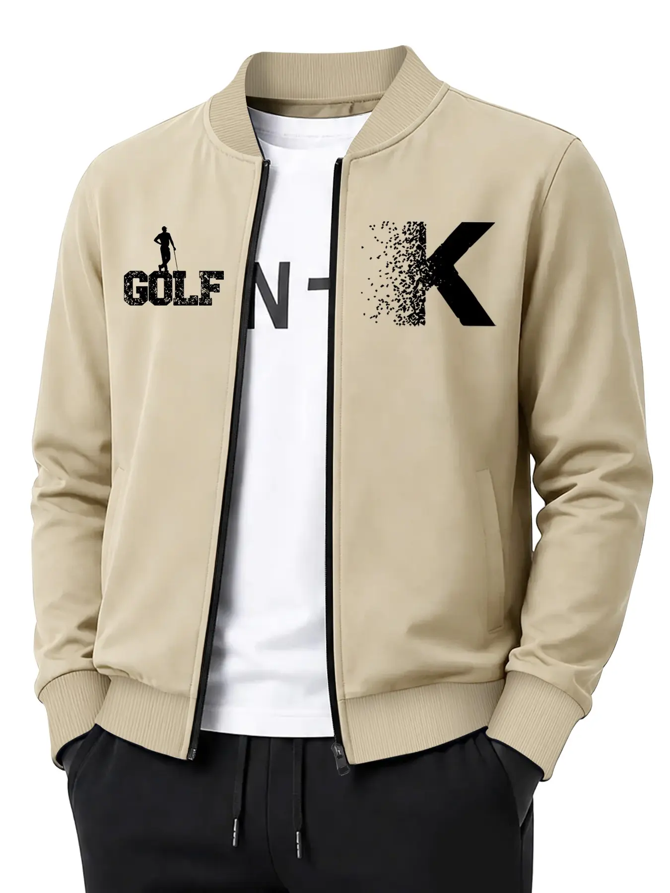 Golf Sport Shadow Letter Print Stand Collar Jacket, Versatile Daily Wear, Spring Autumn Top, Casual Long Sleeve Pullover