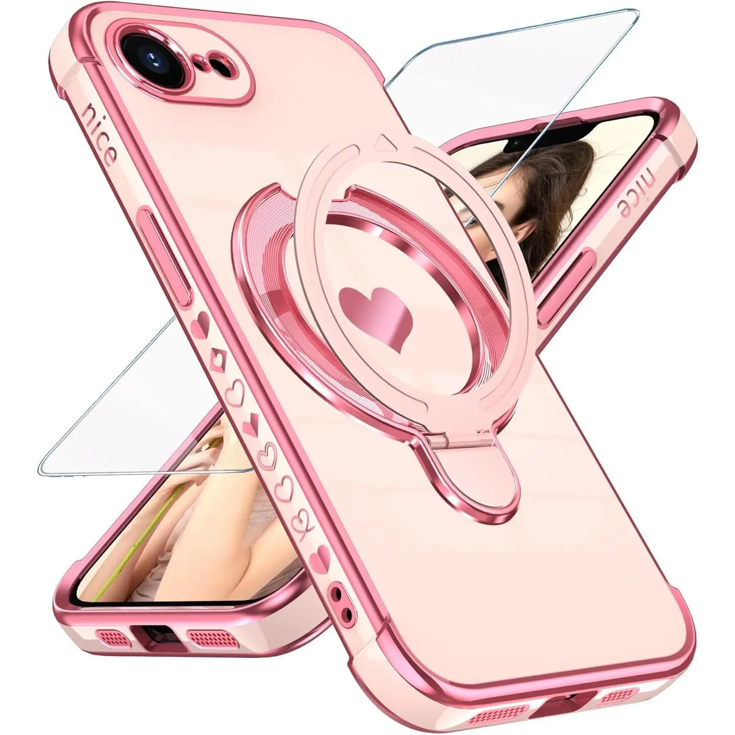Women's Cute Love Heart Kickstand Phone Case for iPhone 16e/17e, Soft TPU+Metal, Luxury Metallic Gold-Plated Edge, Slim Shockproof, Full Camera Protection, Tempered Glass Screen Protector, Shatterproof Mobile Accessory (Pink)