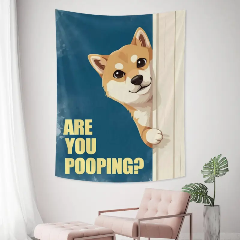 Are You Poopg Funny Dog Tapestry - Cute Peekg Shiba Inu Dog Watercolor Art Typography Poster Wall Hangg, Humorous Animal Fabric Banner, Creative Toilet Bathroom Decor, Meme Gi for Friend
