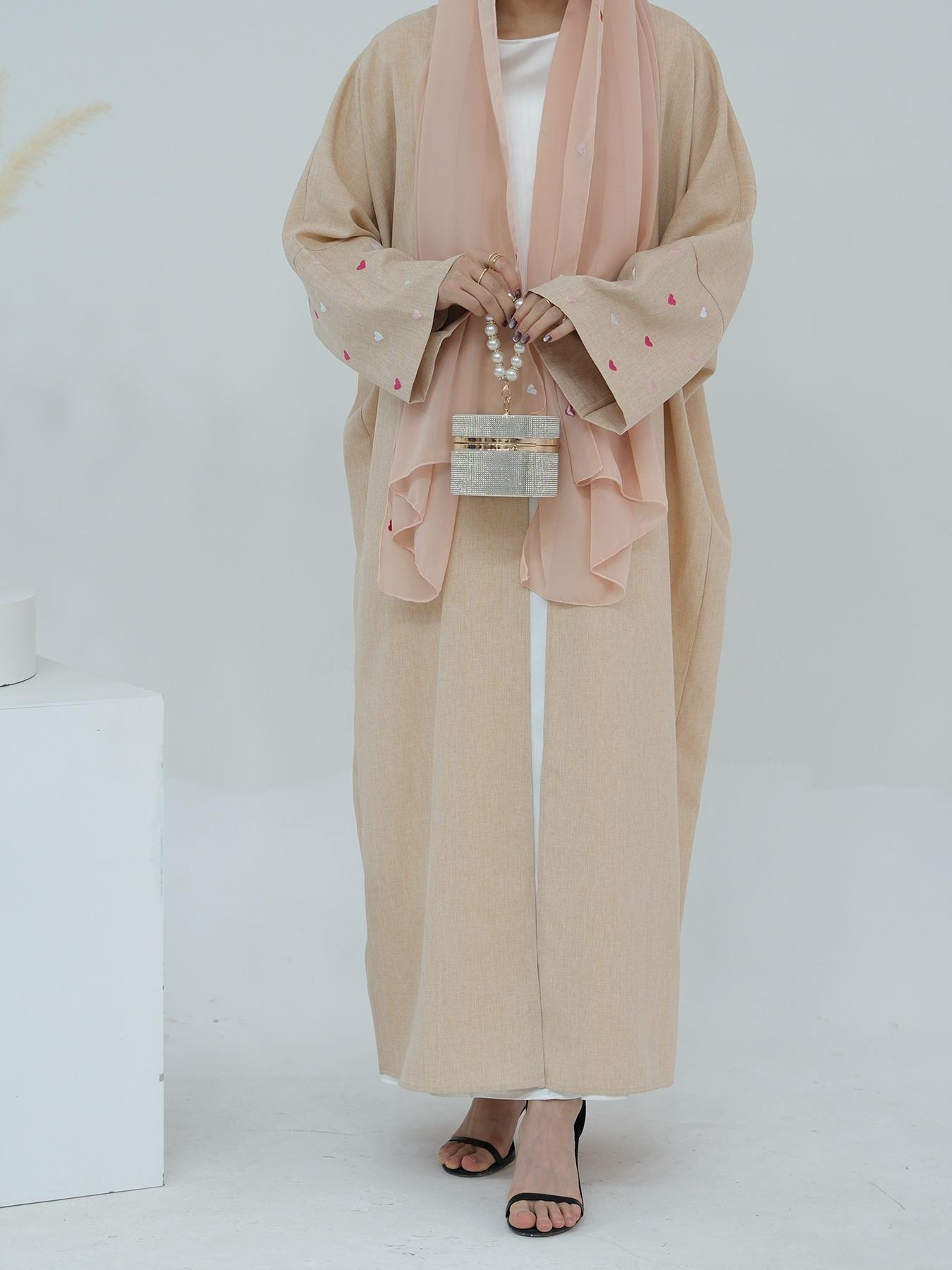 Women's Heart Embroidery Long Sleeve Open Abaya, Modest Casual Outerwear for Daily Wear, Ladies Islamic Clothing for All Seasons