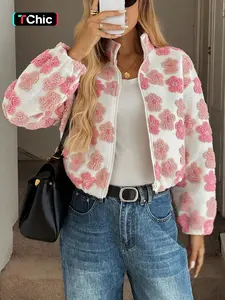 Women's Floral Plush Zipper Jacket, Preppy Style Winter Coat, Thick Knit Fabric, Casual Daily Wear, Perfect for Fall & Winter Seasons