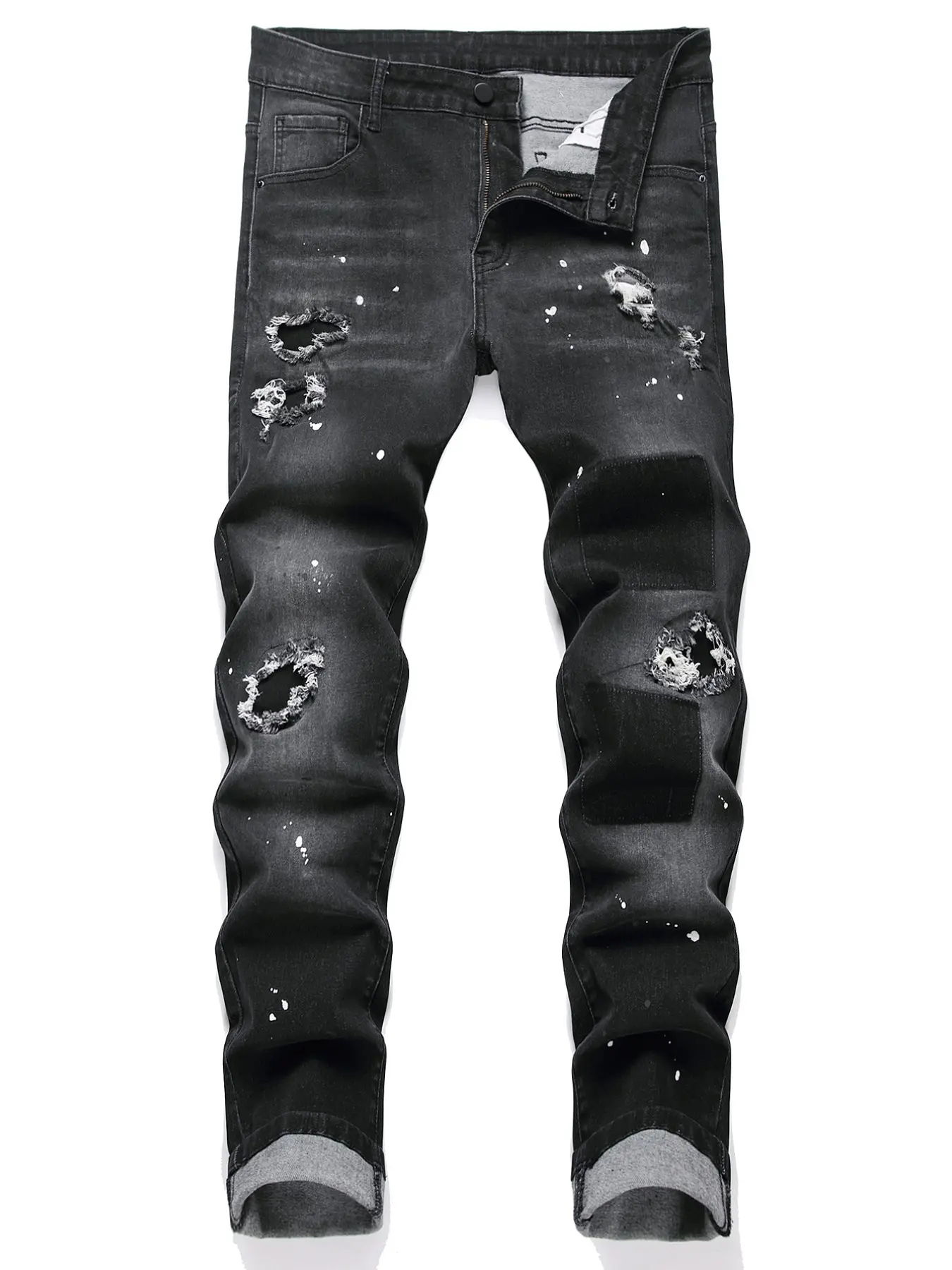 Black Grey Whiskered Splash Ink Ripped Men's Denim Jeans, Frayed Raw Edge & Distressed Brushed Details, Skinny Slim Fit, American High Street Trendy Trousers