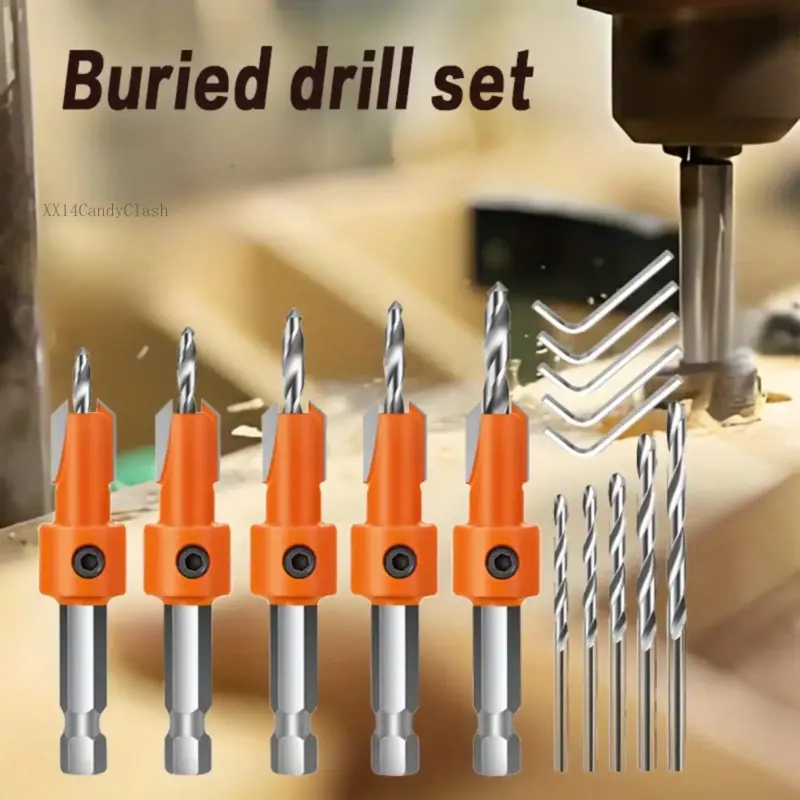 Woodworking Countersink Drill Bit Set 5Pcs Round Shank Conical Sizes, Drill Counterbore Router Bits for Screw, Hole Drilling & Opening Tools - Home Improvement.XX14CandyClash