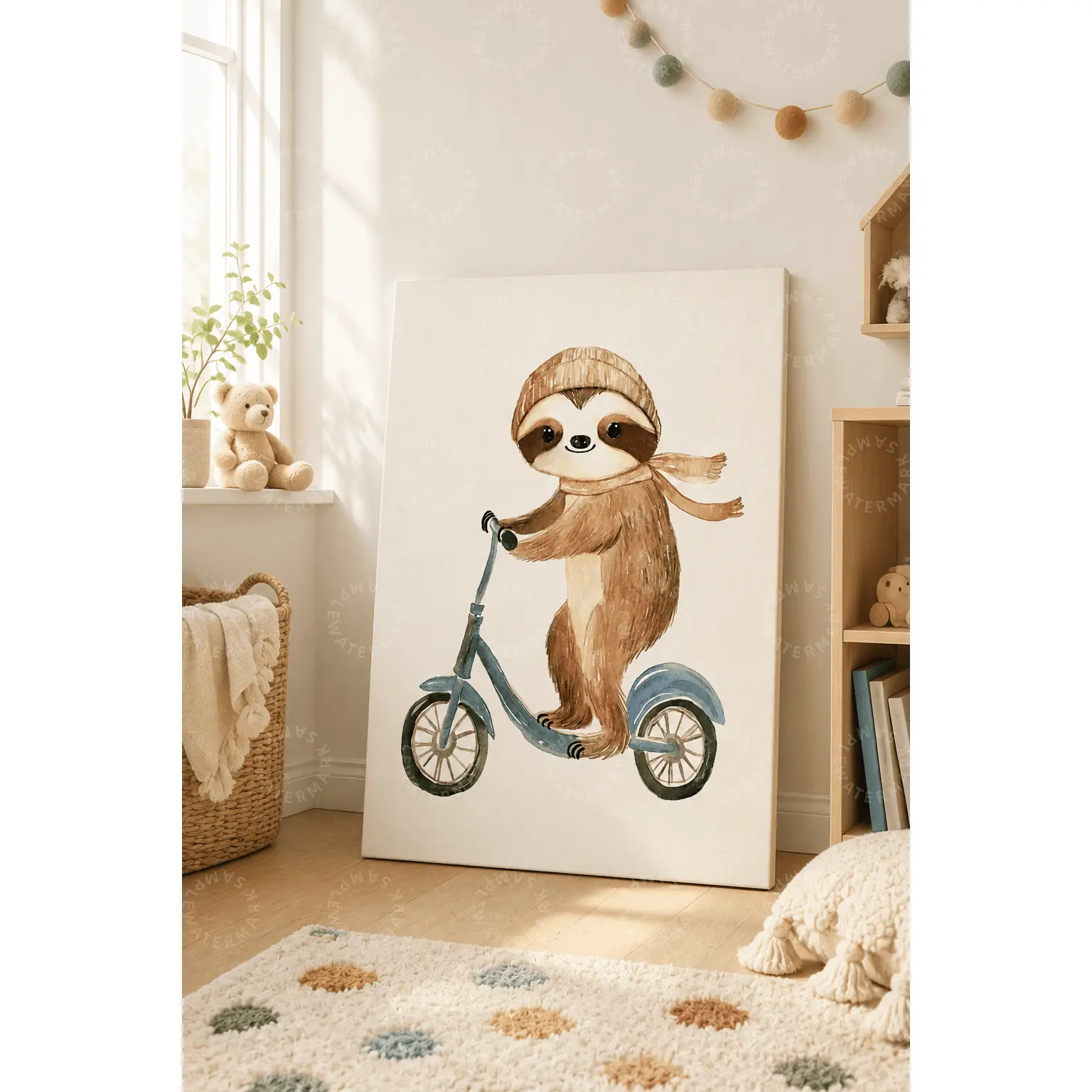Cute Sloth on Scooter Canvas Poster, Nursery Animal Wall Decor, Watercolor Kids Room Aesthetic Poster, Bedroom Wall Art, Playroom Decor, Baby Room Decor, Neutral Nursery Gift, Office Wall Art