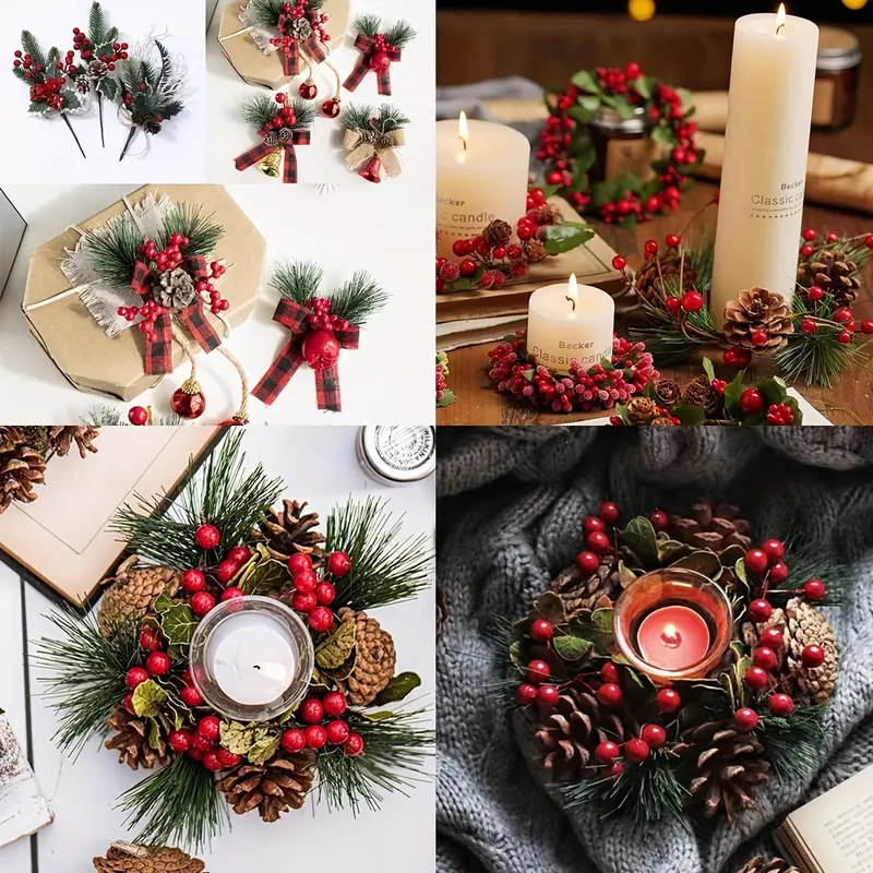 Holiday Pine Cone and Cranberry Ornament Set - Christmas decorations, including pine branches and needles, realistic pine cones and cranberry ornaments, DIY accessories, gift box embellishment, perfect for Christmas tree top decorations.