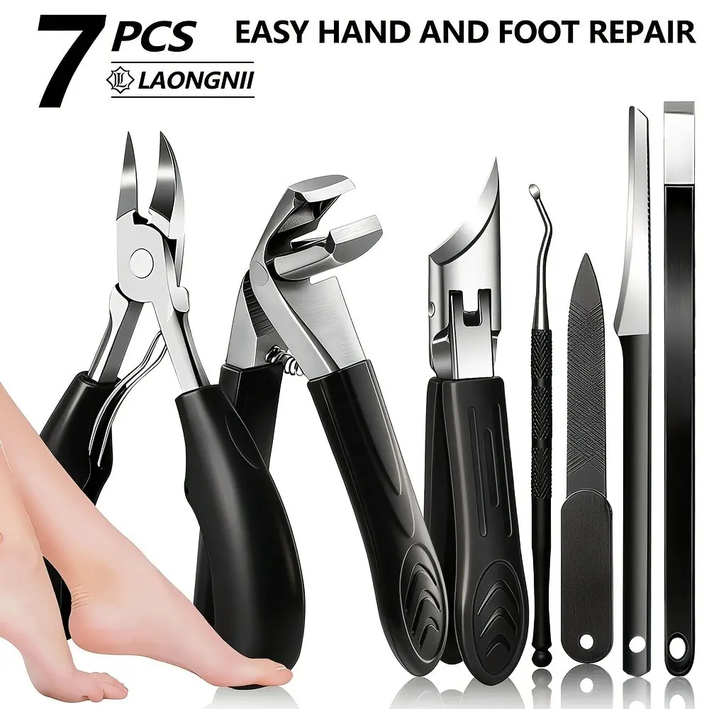7Pcs Heavy Duty Pedicure Manicure Kit Ingrown Toenail Clipper Cuticle Remover Nail File Professional Foot Care Tools Set