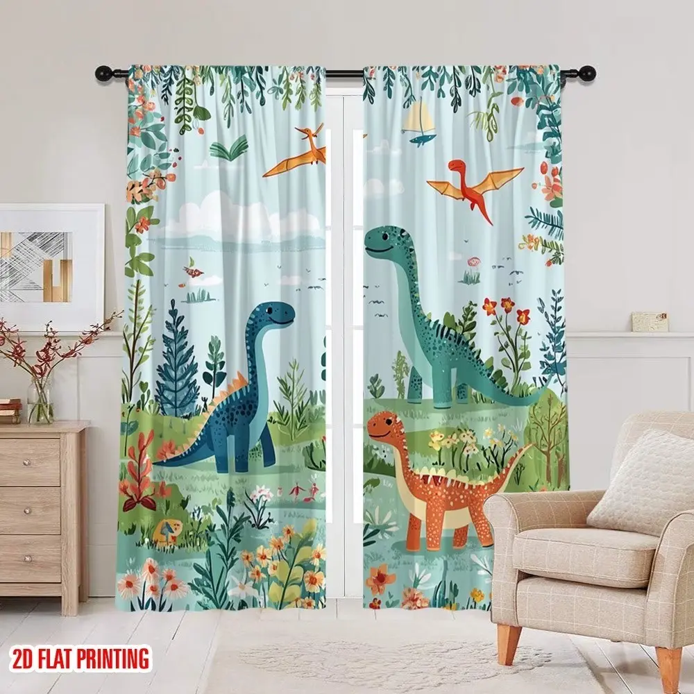 2pc Dinosaur Print Curtains, Forest Theme, Light Filtering, Multi-Use for Bedroom, Office, Living Room, Kids' Room Decor