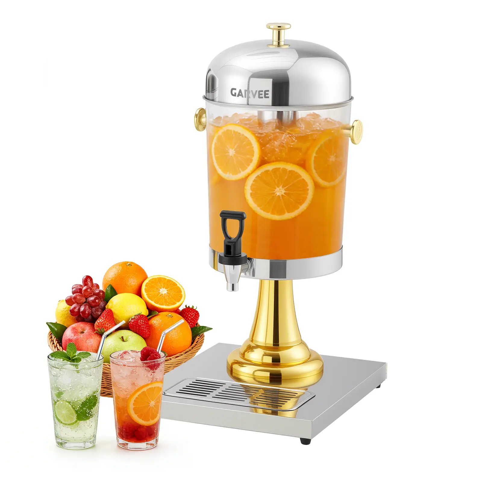 Garvee Commercial Stainless Steel Beverage Dispenser with Stand & Spigot - Removable Ice Core Insert - Cold Drink Server for Iced Tea, Juice & Lemonade - 2.2/4.4 Gallon