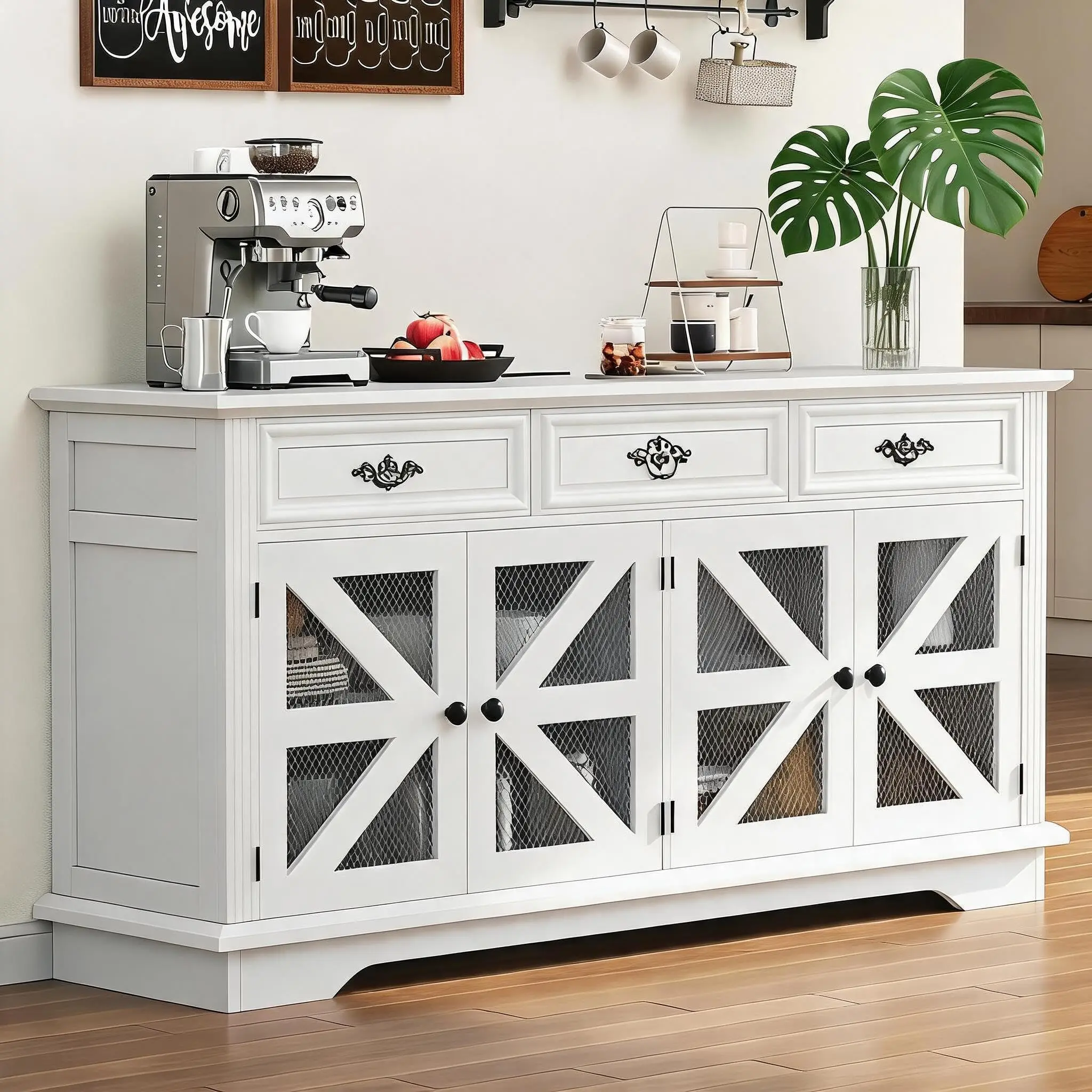 63 in Modern Farmhouse Buffet Cabinet - Furniture for Home, Living Room Decor with Storage Organization, 3 Drawers, 4 Mesh Barn Doors, Adjustable Shelves & Coffee Bar Station, White