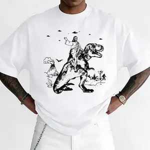 Jesus Riding Dinosaur T Rex Sarcastic T-Shirt Streetwear Crewneck