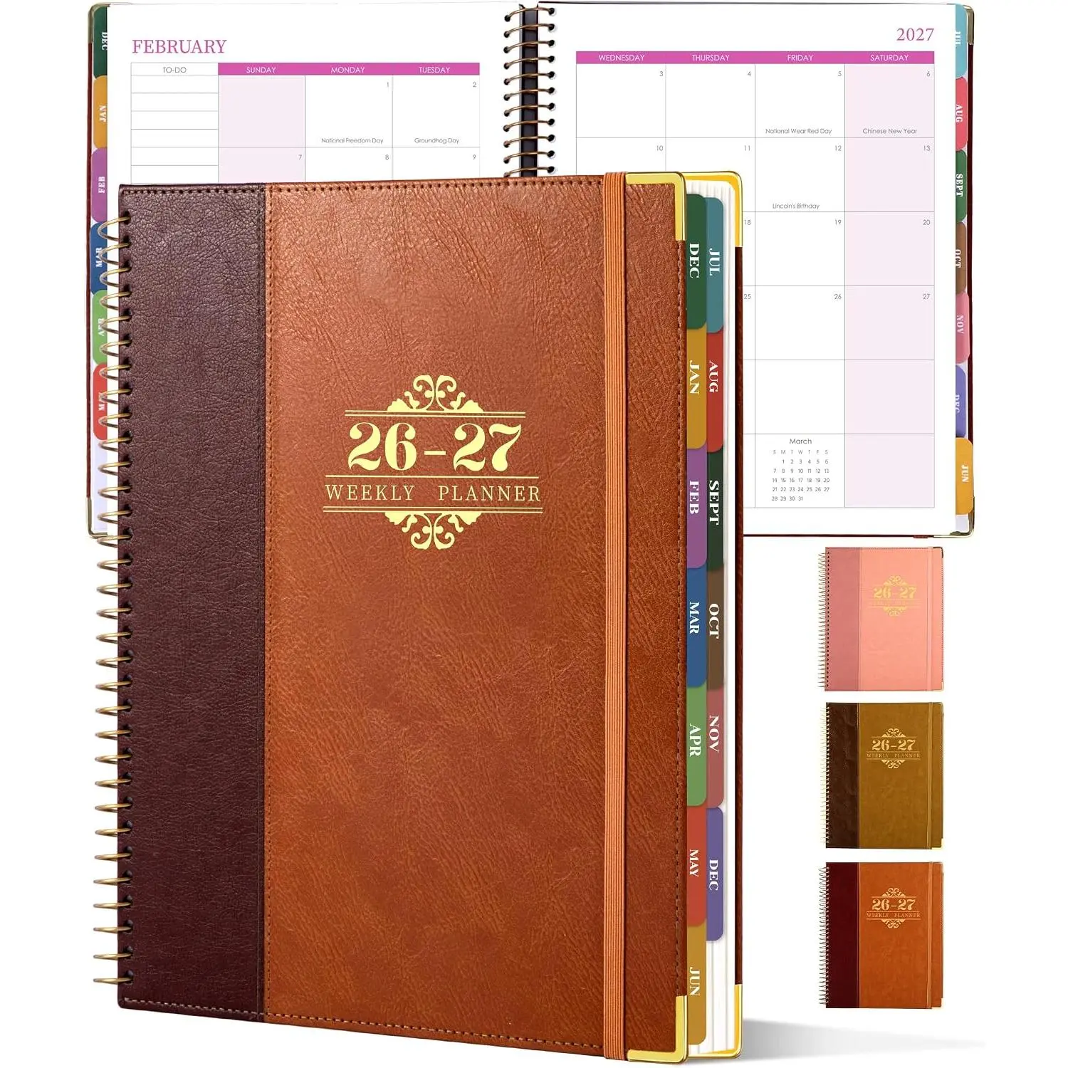 Planner 2026-2027, Leather Two-Tone Planner, 18 Month Weekly and Monthly Planner Calendar with Tabs, Jul 2026–Dec 2027, Large 8.5" x 11" A4 Hardcover Spiral Agenda Planner for , School and Work (Rust Brown)