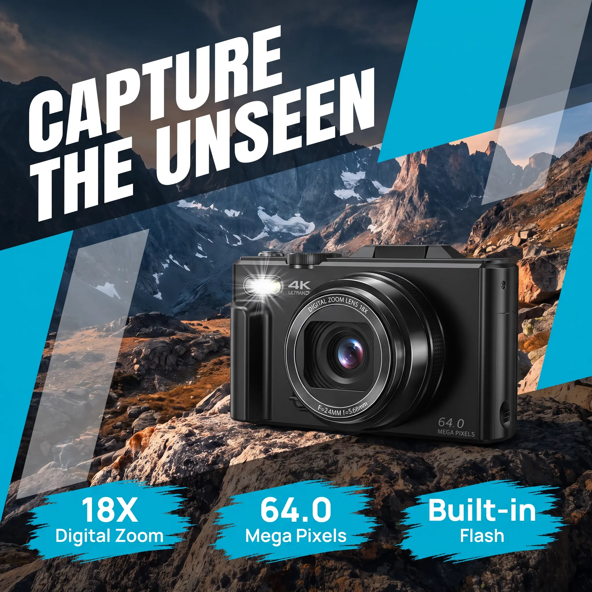 Compact 64MP 4K Digital Photography Camera, 180 °   Rotatable Flip Screen, 18X Zoom, Full Set with Memory Card & Dual Batteries, Ideal Gift Choice for Father’s Day