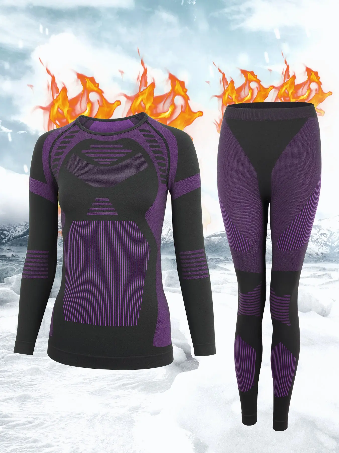 Women's Ultra-Soft Warm Thermal Innerwear Set, Geometric Pattern Slim-Fit Long Sleeve Top & Above Ankle Bottoms, Sporty Style for Fall&winter