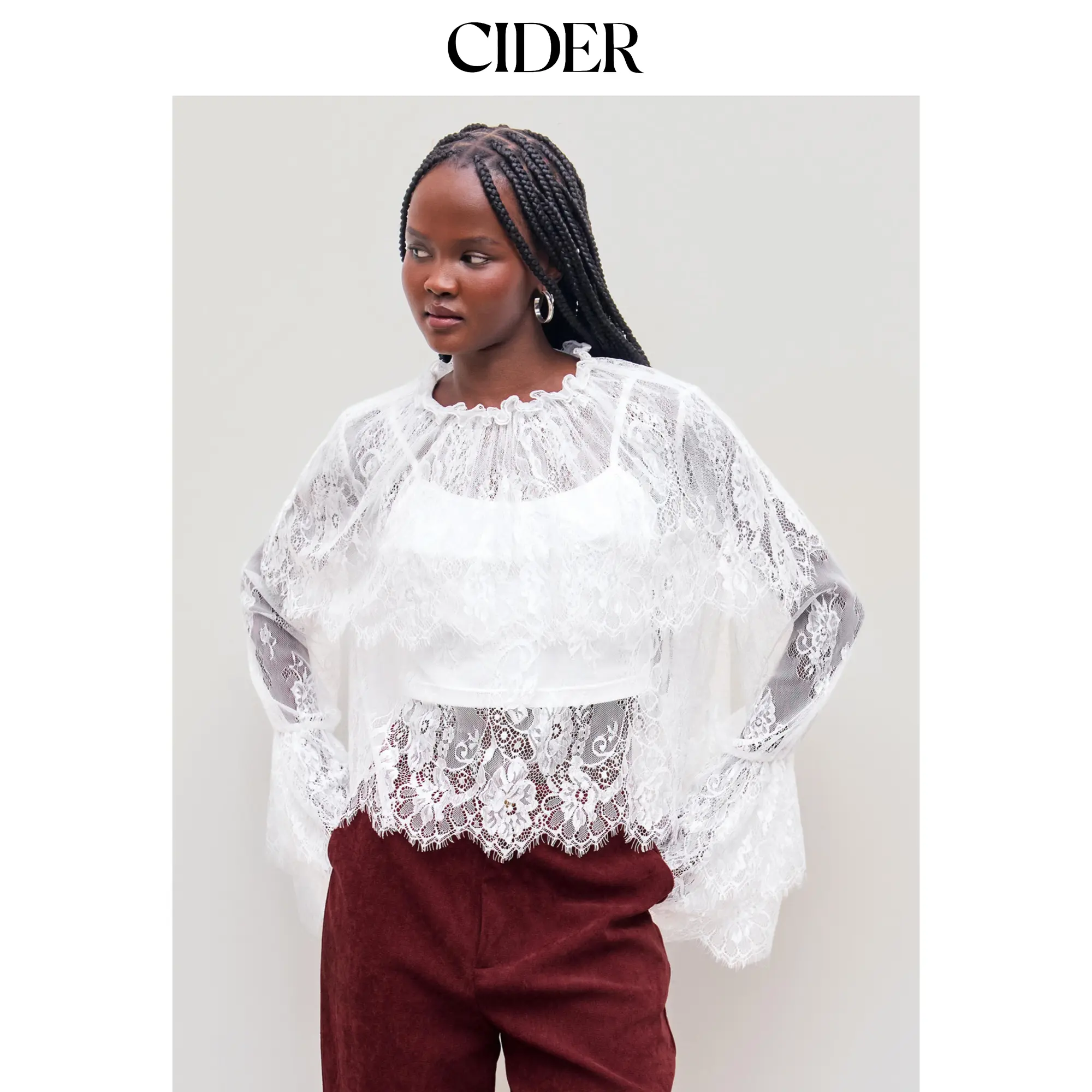 Cider [size 2-26] Lace High Neck Layered Long Sleeve Blouse With Solid Crop Cami Top SummerFinds