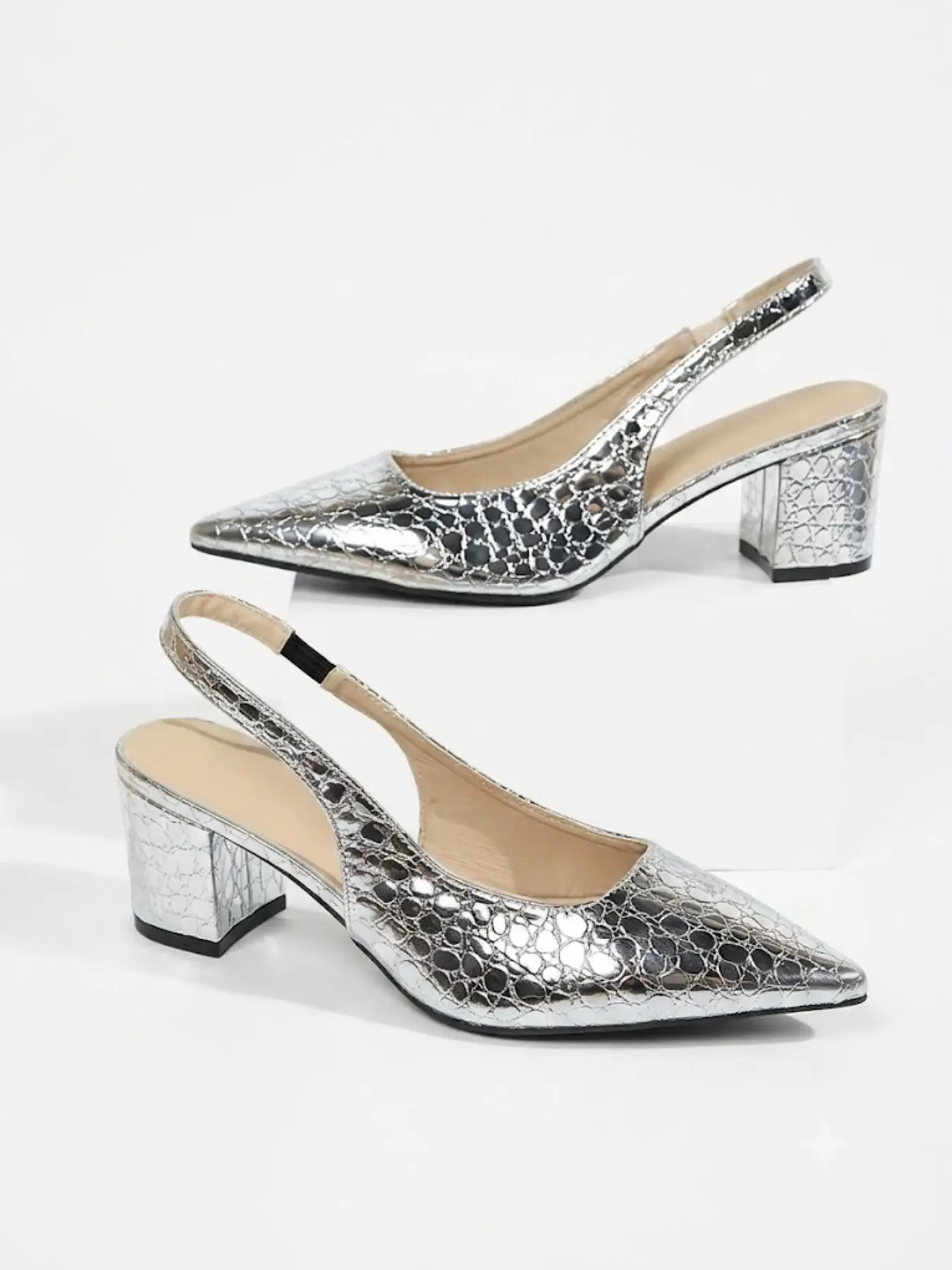 Women's Croc Embossed Metallic Pointed Toe Slingback Block Heel Sandals Elastic Rear Strap Soft Contoured Cushioned Insole Elegant Party Daily Footwear Three Colors Burgundy Silver Champagne Gold