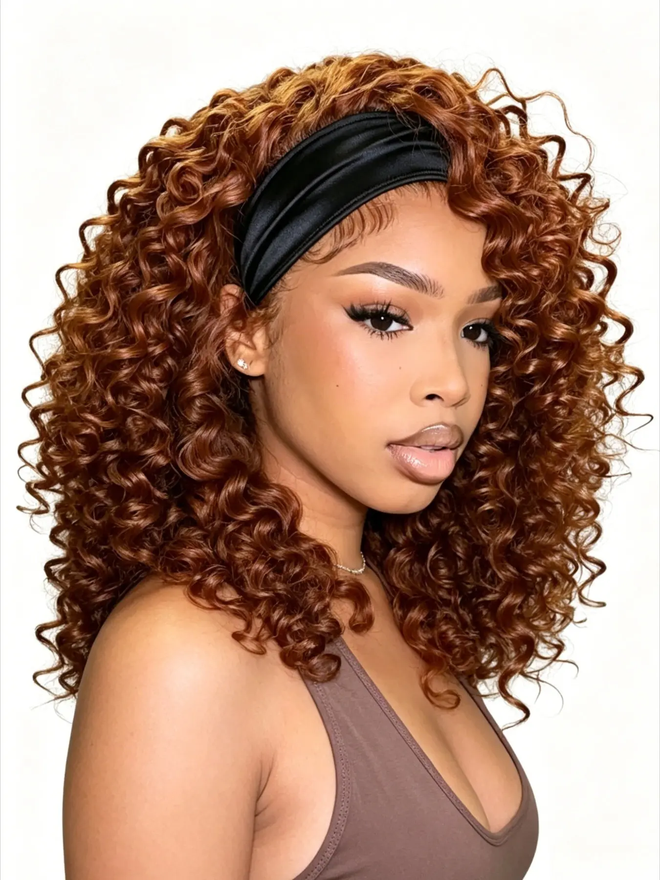 Warm Ginger 14in Deep Curly Scarf Hair Wig, Synthetic Curly Wigs, Slip-On Glueless Non-Lace Synthetic Hair Unit Customized for African American Females, Thick Bouncy Curl Texture, Versatile for Night Parties, Daily Hairstyle