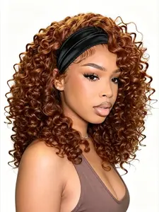 Warm Ginger 14in Plump Deep Curly Scarf Hair Wig, Slip-On Glueless Non-Lace Synthetic Hair Unit Customized for African American Females, Thick Bouncy Curl Texture, Versatile for Night Parties, Picnic Trips, Wedding Guest Looks and Daily Simple Hairstyle S
