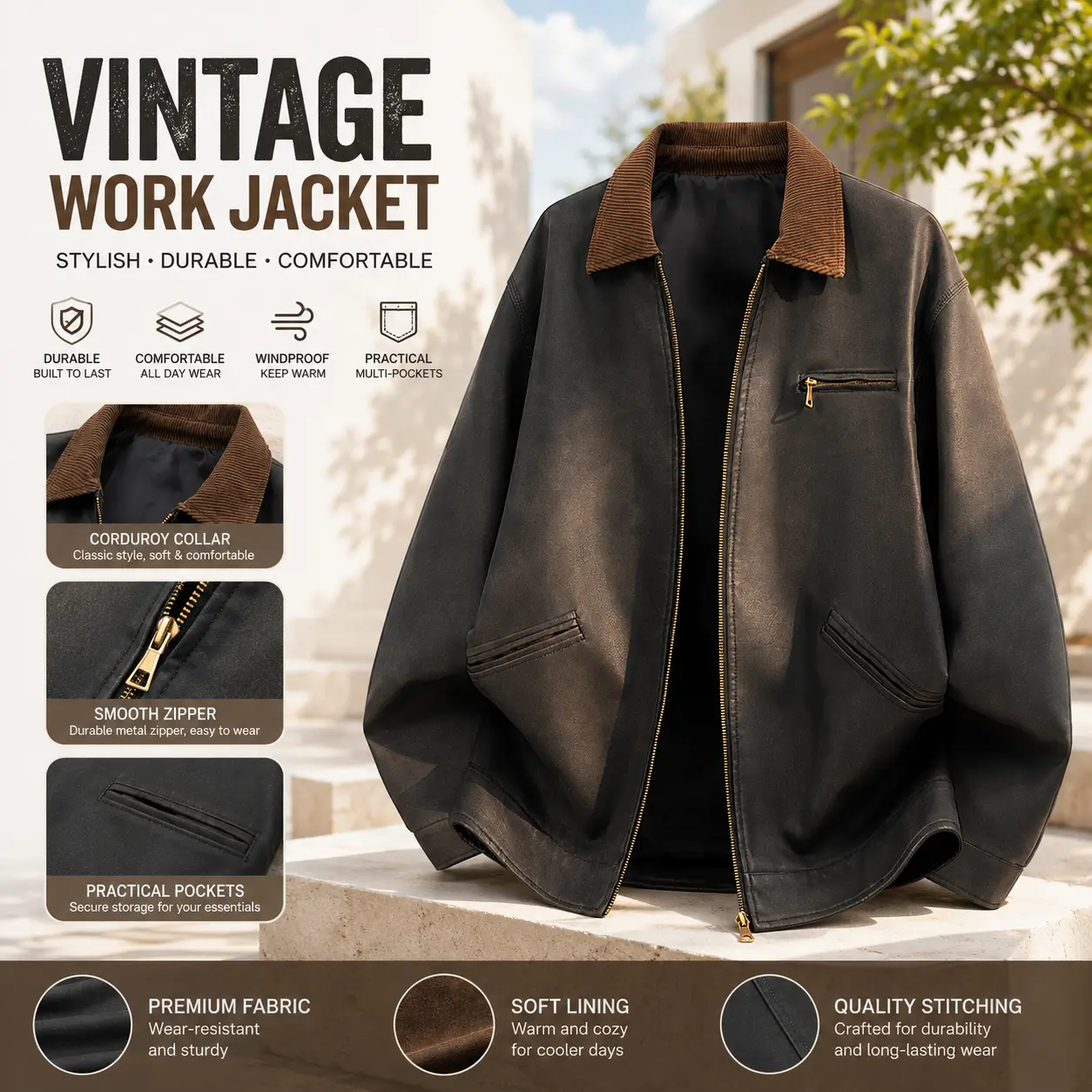 Retro Black PU Leather Trucker Jacket Contrast Collar Multi Pocket Loose Daily Outerwear