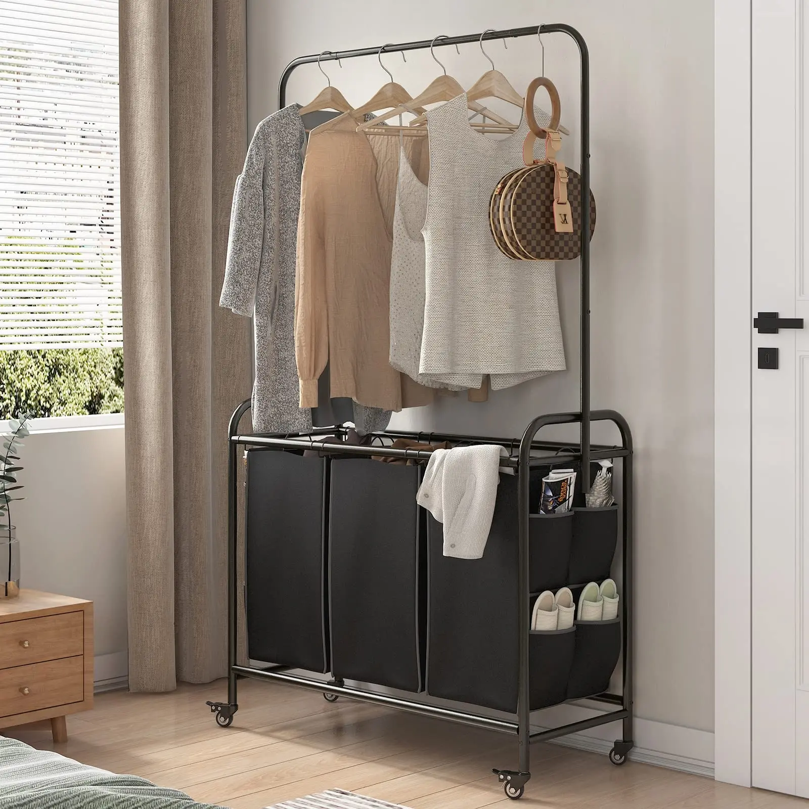 SUOERNUO Modern Rectangle Portable Laundry Basket Organizer - 3-Bag Clothes Sorter Cart with Metal Frame, Hanging Bar, Lockable Rolling Rubber Wheels, Removable Bags, Carry Handle for Laundry Room, Bathroom