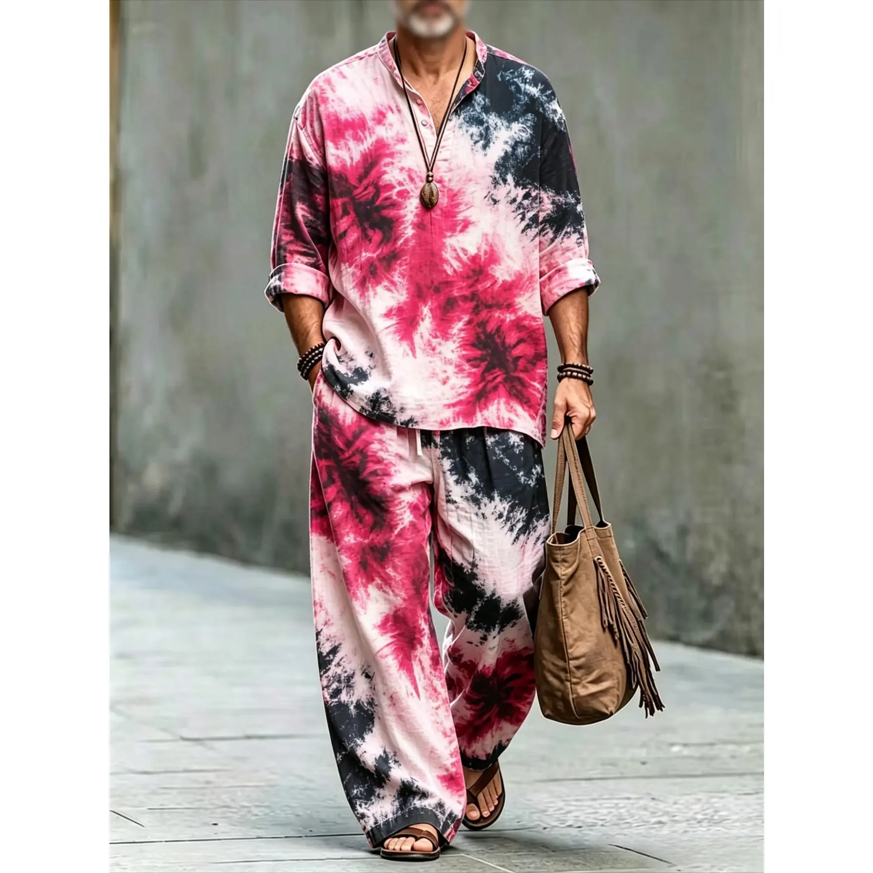 Men's 2-Piece Bohemian Linen Clothing Set - Pink Black Swirl Tie Dye, Stand Collar Half-Button Roll-Sleeve Shirt & Wide Leg Pants for Vacation