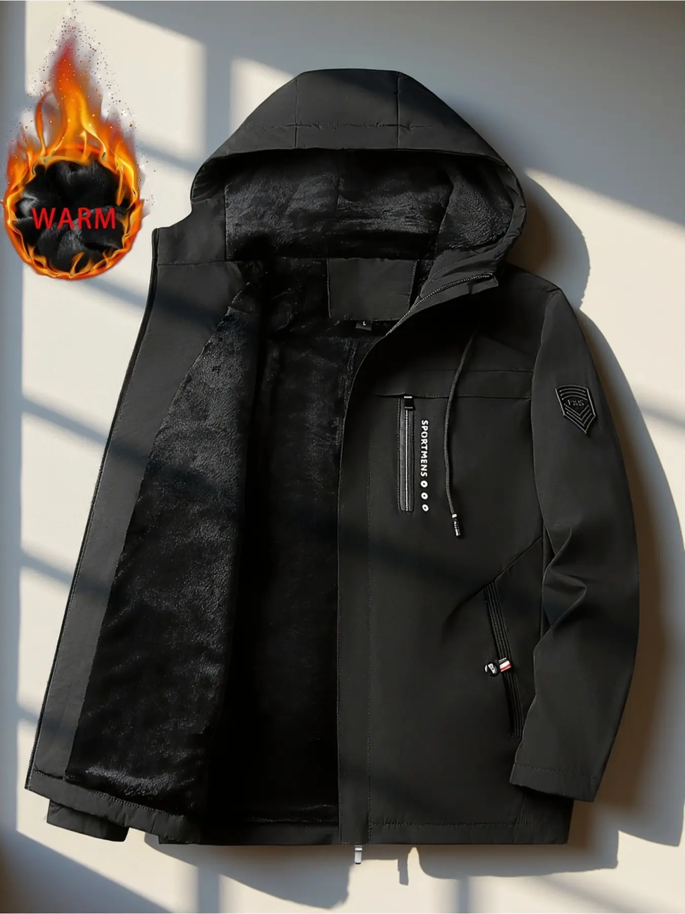Men's winter warm jacket, full-zip closure, hooded windproof coat, full front zipper and zippered pockets - lightweight and warm athletic men's jacket Athletic Outerwear for hiking