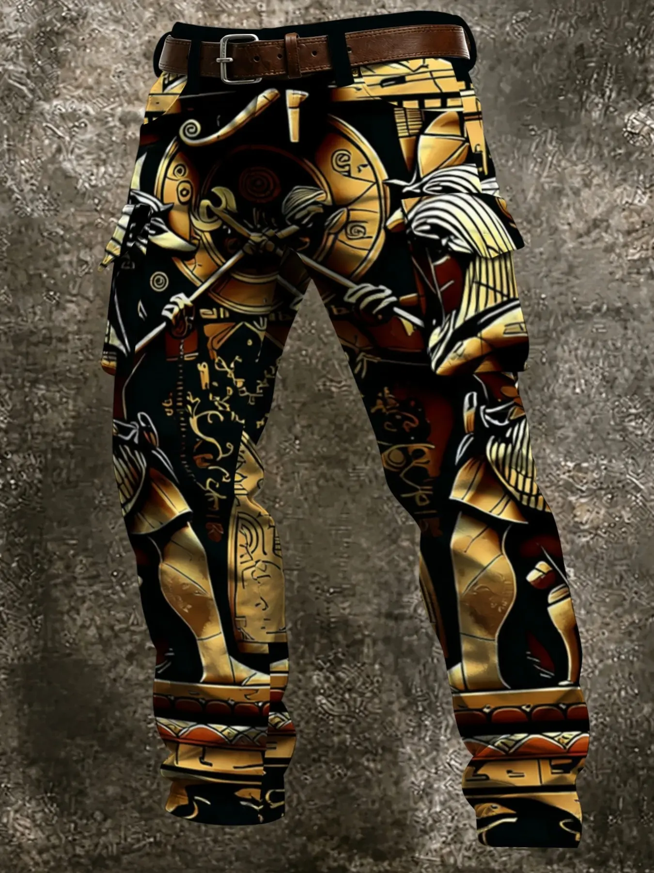 New Gold Ancient Egyptian Pharaoh Scarab Hieroglyph Temple Embossed Work Pants, Mystical Civilization Totem Print, Men's Straight Leg Cargo Pants