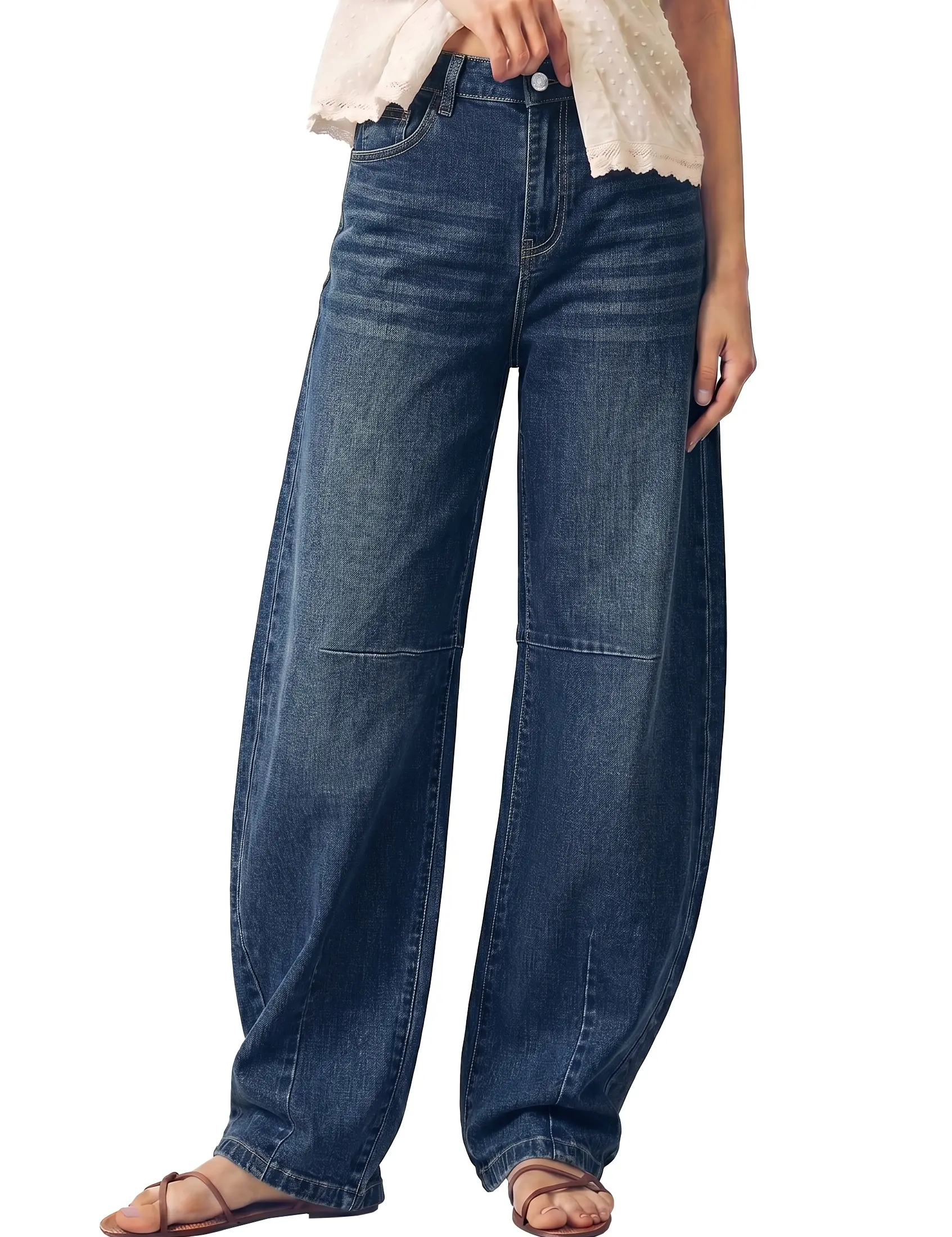 luvamia Barrel Jeans for Women High Rise Western Baggy Denim Pants Stretchy | Curves Around Mid-leg, 30 Inch Inseam, Modren Western, Elevated Waistline, Button Zip Closure, Five Pocket, Curved Knee Seam