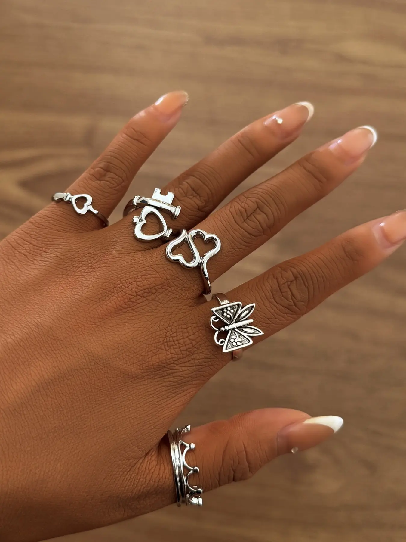 Fashionable punk-style zinc alloy ring, personalized and fashionable heart butterfly crown stacked ring set, Stackable Ring Set, Jewelry Rings