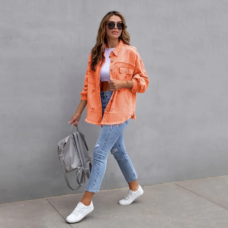 Women's denim jacket, solid color, loose fit, ripped long-sleeve denim shirt