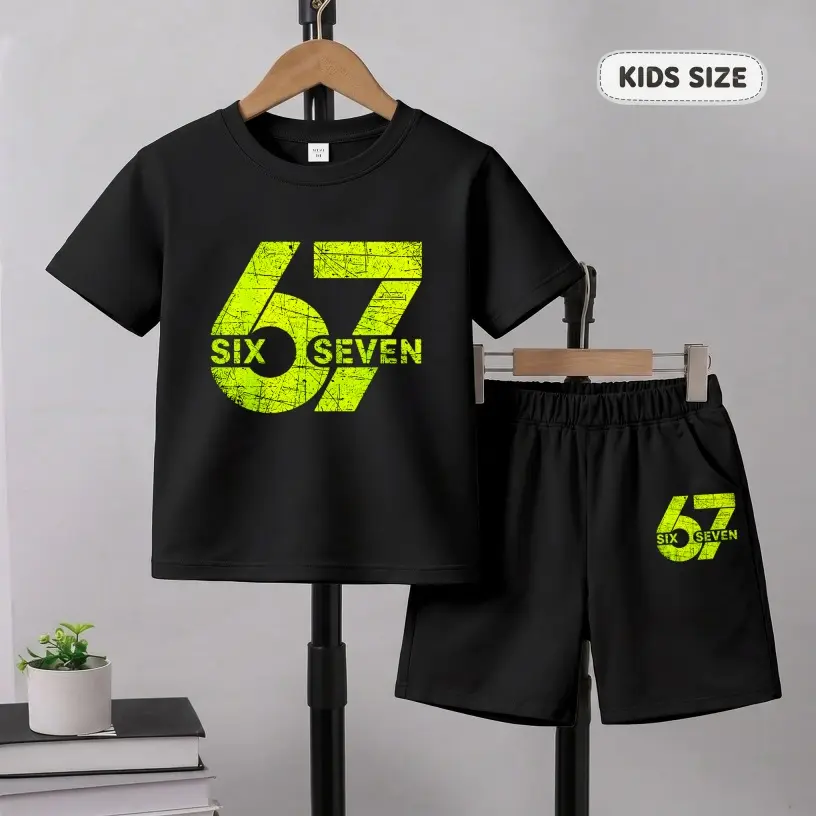 Boys’ Six Seven Printed Design Short Sleeve T-Shirt And Shorts Set, Casual Kids Summer Outfit, Comfortable Crew Neck Clothing Set For Daily Wear And Outdoor Play