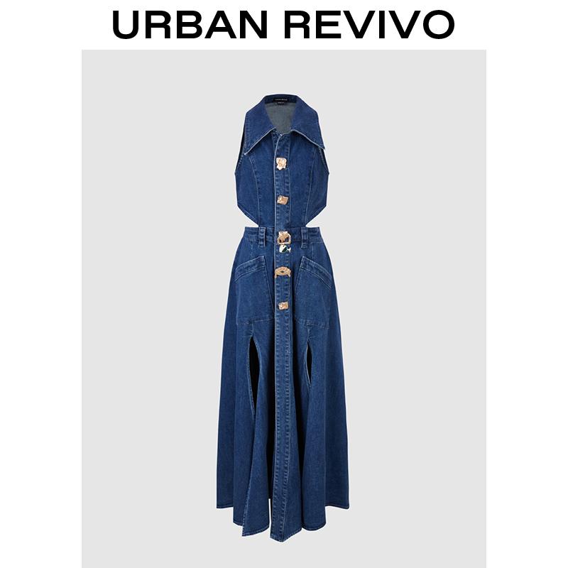 URBAN REVIVO Women's Casual Denim Dresses  Fashion Lapel Sleeveless Cut-Out Sides Slit with Big Pockets UWG850170