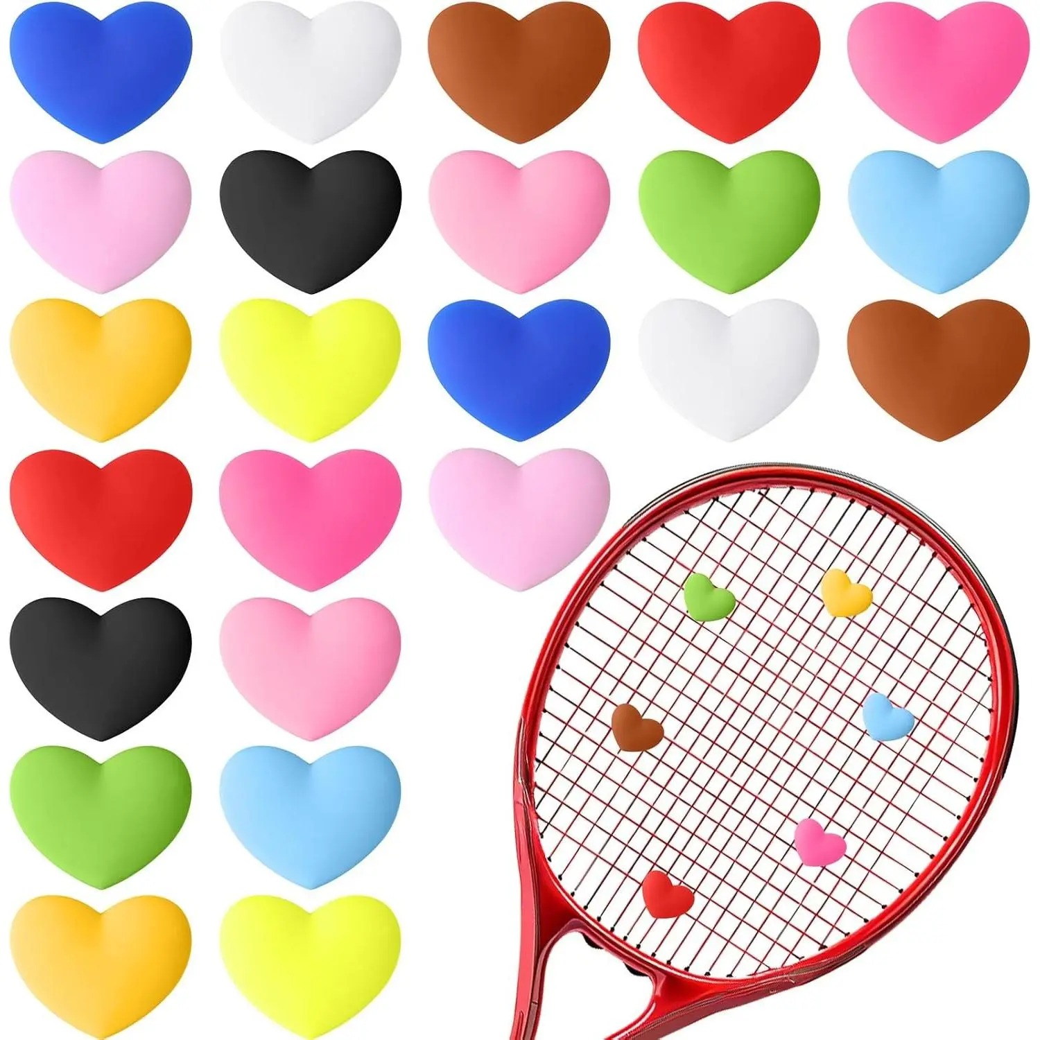 Women's Tennis Gear Colorful Set - 24 Pcs 12 Colors Heart-Shaped Silicone Vibration Dampeners, Racket Shock Absorbers, Practical Tool for Tennis Enthusiasts