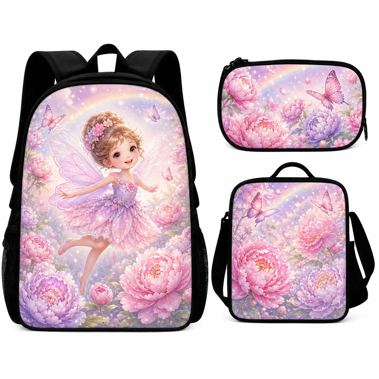 Girls' 3-Piece School Backpack Set with Lunch Bag & Pencil Case - Fairy Unicorn Mermaid Ballet Design, Padded Shoulder Straps, Side Mesh Pockets, Backpacks for School for Elementary Preschool Students (Travel & Daily Use)