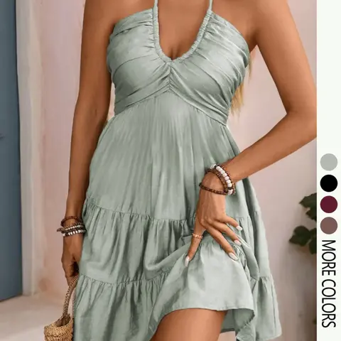 Women's Summer Halter Neck Tie Back Sundress, Boho Styles Fashion Shirred Back Tiered A-Line Mini Dress, Casual Beach Outfit, Backless Bow Closure Chic Fashion Womenswear